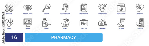 Set of 16 outline web Pharmacy icons such as capsules, vitamin, skincare, first aid kit, basket, syrup, online medicine vector icons for report, presentation, diagram, web design, mobile app