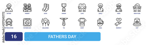 Set of 16 outline web Fathers Day icons such as hat, respect, mug, shirt, tie, balloons, fathers day vector icons for report, presentation, diagram, web design, mobile app