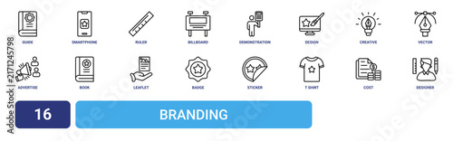 Set of 16 outline web Branding icons such as designer, cost, t shirt, sticker, badge, leaflet, book vector icons for report, presentation, diagram, web design, mobile app