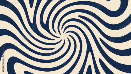 Deep Navy and Cream Spiral Optical Wave Abstract Background with Smooth Twisting Lines, Hypnotic Motion Effect and Bold Vintage Retro 60s 70s Psychedelic Design