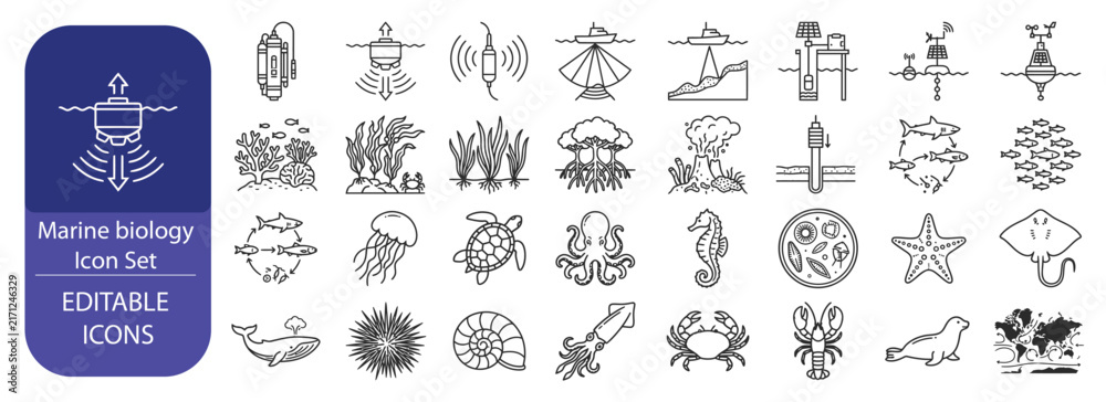 Naklejka premium Marine Biology Ocean Life Editable Line Icon Set