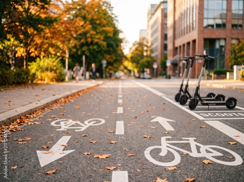 Electric scooters parked in a designated bike lane on an autumn city street with fallen leaves and modern architecture