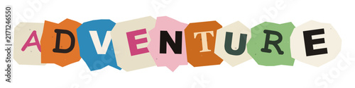 The word adventure written in colorful cutout letters resembling a ransom note style isolated on a plain white background for creative design