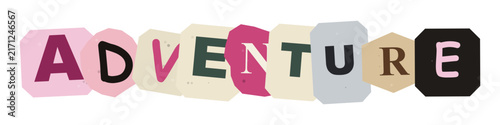 The word adventure spelled out using various cutout letters from magazines and newspapers creating a creative ransom note style collage typography design