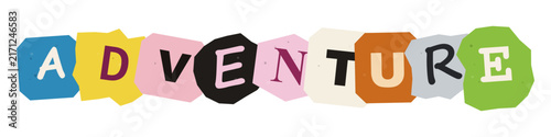 The word adventure written in colorful cutout letters on a white background representing a fun creative concept for travel and exploration themes
