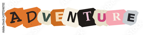 The word adventure spelled out with colorful cut out paper letters in a ransom note style isolated on a plain white background