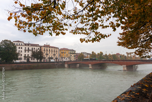 Fotografie Wide view of autumn tree foliage framing river embankment and historic bridge in
