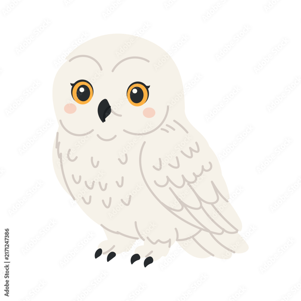 Fototapeta premium This cute cartoon owl has a white fluffy body. Large brown eyes and pink cheeks give it charm. Small black beak and claws complete the image. Friendly appearance suits children's themes