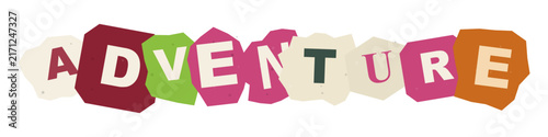 The word adventure written in colorful cutout letters on a plain white background representing a fun and playful creative typography design concept