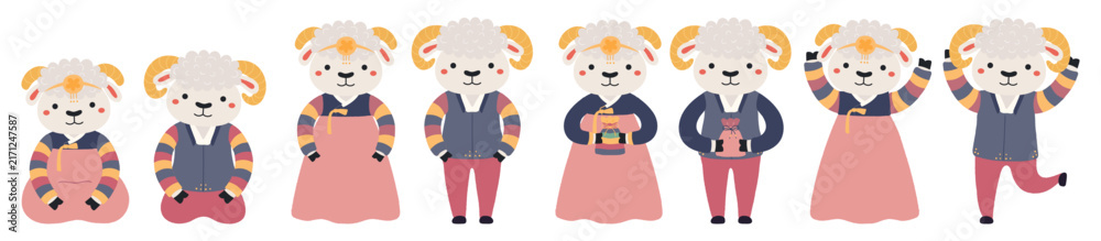 Naklejka premium Cute sheep girl, boy in traditional Korean clothes hanbok illustration isolated set. Cartoon characters. Lunar New Year Seollal banner, card design element, clip art collection. Hand drawn vector