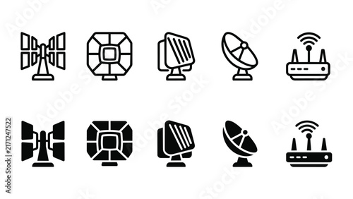 Solar Power Line and Solid Icon Pack For Energy UI | Solar Power, Space Based, Wireless, Transmitter, Satellite - Clean Editable Vector Icons