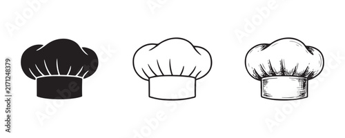 Chef hat illustrations in solid black line art and sketch styles for restaurant menu design themes.