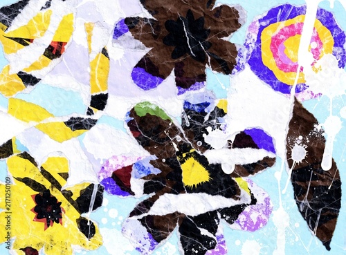 Background illustration of a colorful mixed media abstract design with textured geometric shapes
