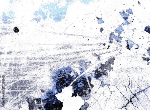Monochromatic grunge texture background with distressed halftone dots and ink splatters
