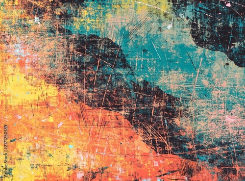 Distressed multi-color grunge texture with scratched surfaces and vibrant paint layers