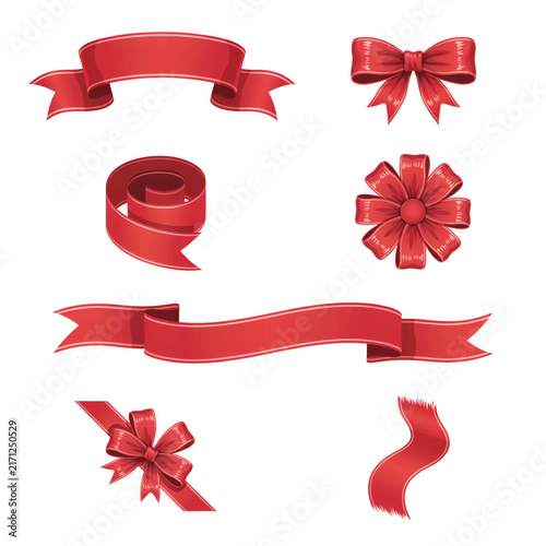 Red ribbon bows and banners arranged with decorative elements for celebration and promotion Isolated on transparent background