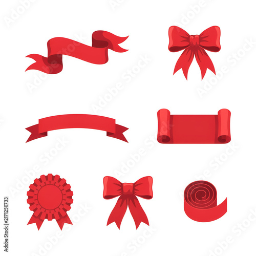 Red ribbons and bows arranged in a grid with soft studio lighting isolated on transparent background