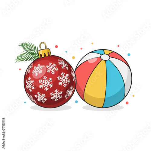 Red snowflake ornament next to colorful beach ball with palm frond during summer holiday concept Isolated on transparent background