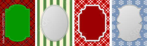 set of christmas cards with vintage labels and geometric patterns. collection of empty christmas greeting cards with different fabric textures
