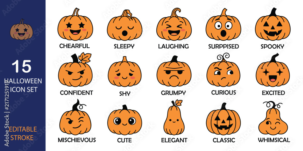 Fototapeta premium Halloween-Pumpkin Icon Set With 15 Unique Faces