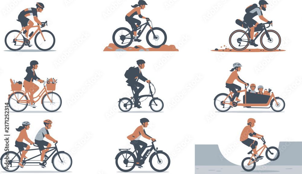 Fototapeta premium Flat vector cyclist collection, set of 9 diverse people riding bicycles, modern cycling lifestyle characters for urban transport and sports