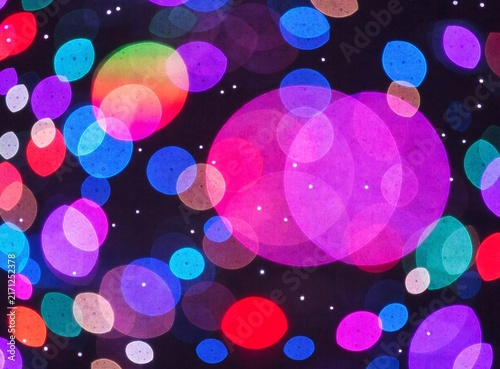 Vibrant neon bokeh lights background with colorful glowing circular spots