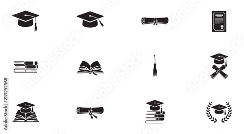 Graduation elements vector collection with black mortarboard caps academic scrolls and diploma.