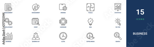 Set of 15 outline web Business icons such as search, coffee break, clock, sharing out, business report, pay per click, idea vector icons for report, presentation, diagram, web design, mobile app