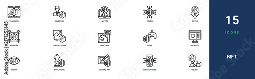 Set of 15 outline web Nft icons such as object, smartphone, digital art, sculpture, vision, website, game vector icons for report, presentation, diagram, web design, mobile app