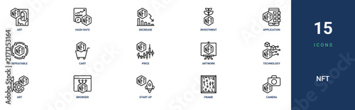 Set of 15 outline web Nft icons such as camera, frame, start up, browser, art, technology, artwork vector icons for report, presentation, diagram, web design, mobile app