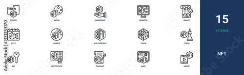 Set of 15 outline web Nft icons such as movie, safe, contact, certificate, key, chess, token vector icons for report, presentation, diagram, web design, mobile app