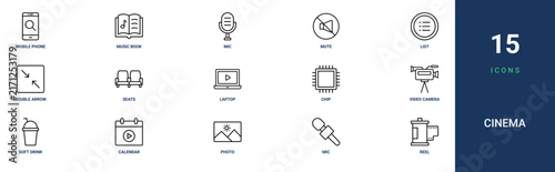 Set of 15 outline web Cinema icons such as reel, mic, photo, calendar, Soft drink, video camera, chip vector icons for report, presentation, diagram, web design, mobile app