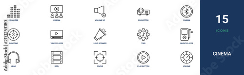 Set of 15 outline web Cinema icons such as volume controller, play button, focus, reel, head, music player, ting vector icons for report, presentation, diagram, web design, mobile app