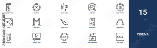 Set of 15 outline web Cinema icons such as voicemail, clapperboard, forward, video player, remote, headphone, sound box vector icons for report, presentation, diagram, web design, mobile app