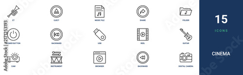 Set of 15 outline web Cinema icons such as digital camera, backward, browser, instrument, cam, guitar, reel vector icons for report, presentation, diagram, web design, mobile app
