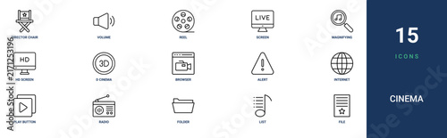 Set of 15 outline web Cinema icons such as file, list, folder, radio, play button, internet, alert vector icons for report, presentation, diagram, web design, mobile app