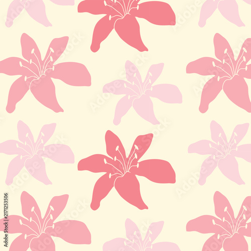Soft Pink Floral Pattern with Stylized Six‑Petal Blossoms and Brown Centers on Pale Yellow Background Seamless Design.