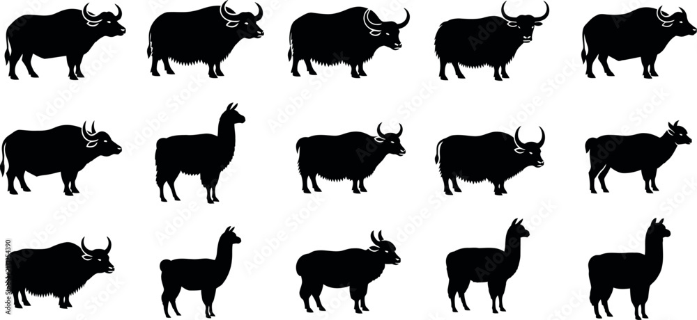 Naklejka premium Black buffalo and llama silhouettes, 15 wild animal vector icons, cattle and alpaca livestock shapes for farm branding
