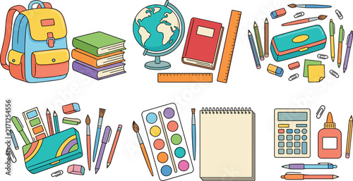 Back to School Stationery and Education Supplies Flat Vector Icon Set Categories with Backpack Books Pencil Case Calculator Paints Globe and Ruler Elements