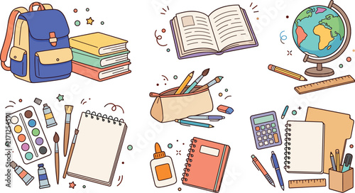 Back to School Stationery and Education Supplies Vector Illustration Set with Backpack Notebooks Pencil Case Paints Calculator Globe and Ruler Elements