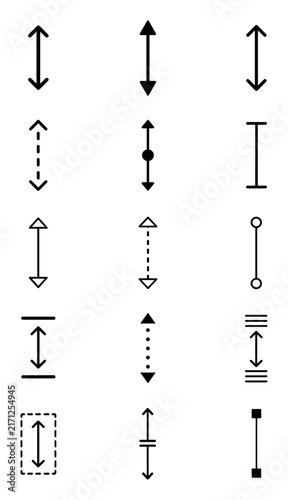 Vertical dimension and height measurement arrow icons set representing distance, scale, length, and size indicators for technical drawing and design blueprints