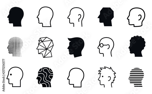 Human head profile icons and silhouettes set representing different mental states, psychology concepts, user avatars, and creative thinking styles