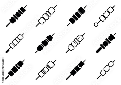 Shashlik kebab skewer icons set representing barbecue food and grilled meat skewers for culinary menus, restaurant signage, and outdoor cooking designs
