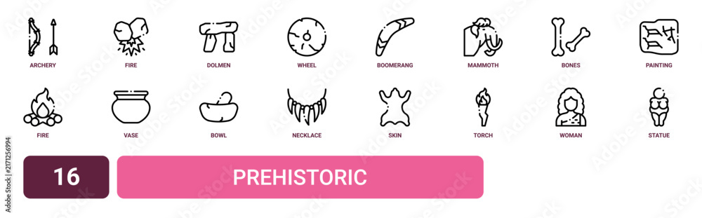 Fototapeta premium Set of 16 outline web Prehistoric icons such as statue, woman, torch, skin, necklace, bowl, vase vector icons for report, presentation, diagram, web design, mobile app