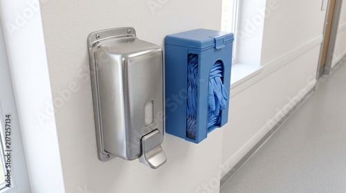 Stainless steel paper towel dispenser and blue glove box mounted on clinic wall
