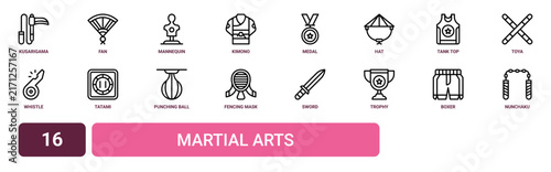 Set of 16 outline web Martial Arts icons such as nunchaku, boxer, trophy, sword, fencing mask, punching ball, tatami vector icons for report, presentation, diagram, web design, mobile app