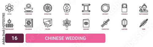 Set of 16 outline web Chinese Wedding icons such as coin, lantern, chopstick, wedding invitation, lily, colors, calendar vector icons for report, presentation, diagram, web design, mobile app