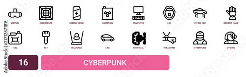Set of 16 outline web Cyberpunk icons such as cyborg, cyberpunk, hologram, artificial intelligence, car, hologram, key vector icons for report, presentation, diagram, web design, mobile app