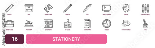 Set of 16 outline web Stationery icons such as ink, sticky notes, clock, clipboard, id card, calendar, puncher vector icons for report, presentation, diagram, web design, mobile app