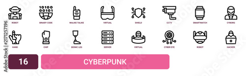 Set of 16 outline web Cyberpunk icons such as hacker, robot, cyber eye, virtual reality, server, bionic leg, chip vector icons for report, presentation, diagram, web design, mobile app